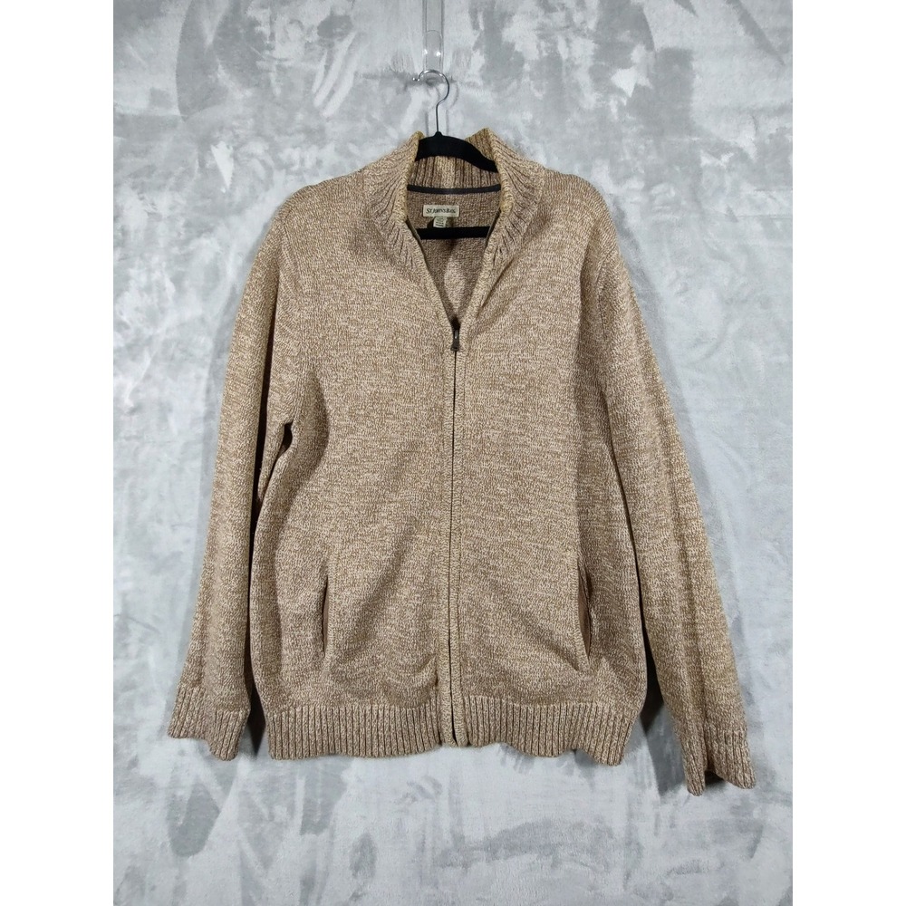 St Johns Bay Mens Tan Marled 100% Cotton Full Zip Cardigan Sweater Mock Neck M